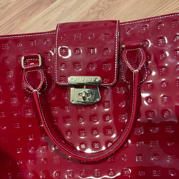 Arcadia Red Logo Embossed Patent Leather Teresa Large Top Handle Bag - Picture 8 of 12